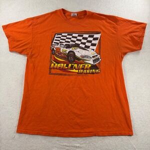 Hollner‎ Racing Vintage Graphic T-Shirt Men's Sz XL Orange Race Car Checkered